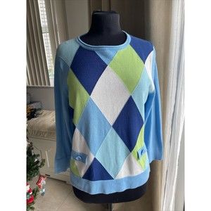 NWT Crystal-Kobe Women's Diamond Argyle Blue Green Knit Pullover Sweater L